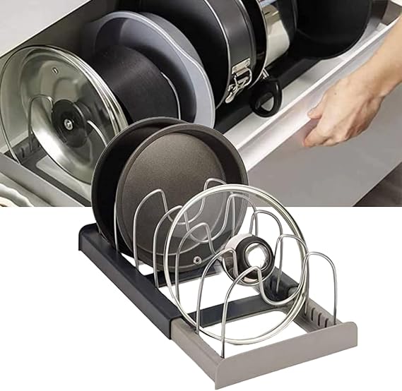 Solução curada: Organizador para Panelas Expansível, Tampas e Utensílios de Cozinha Ajustável com 7 Divisórias